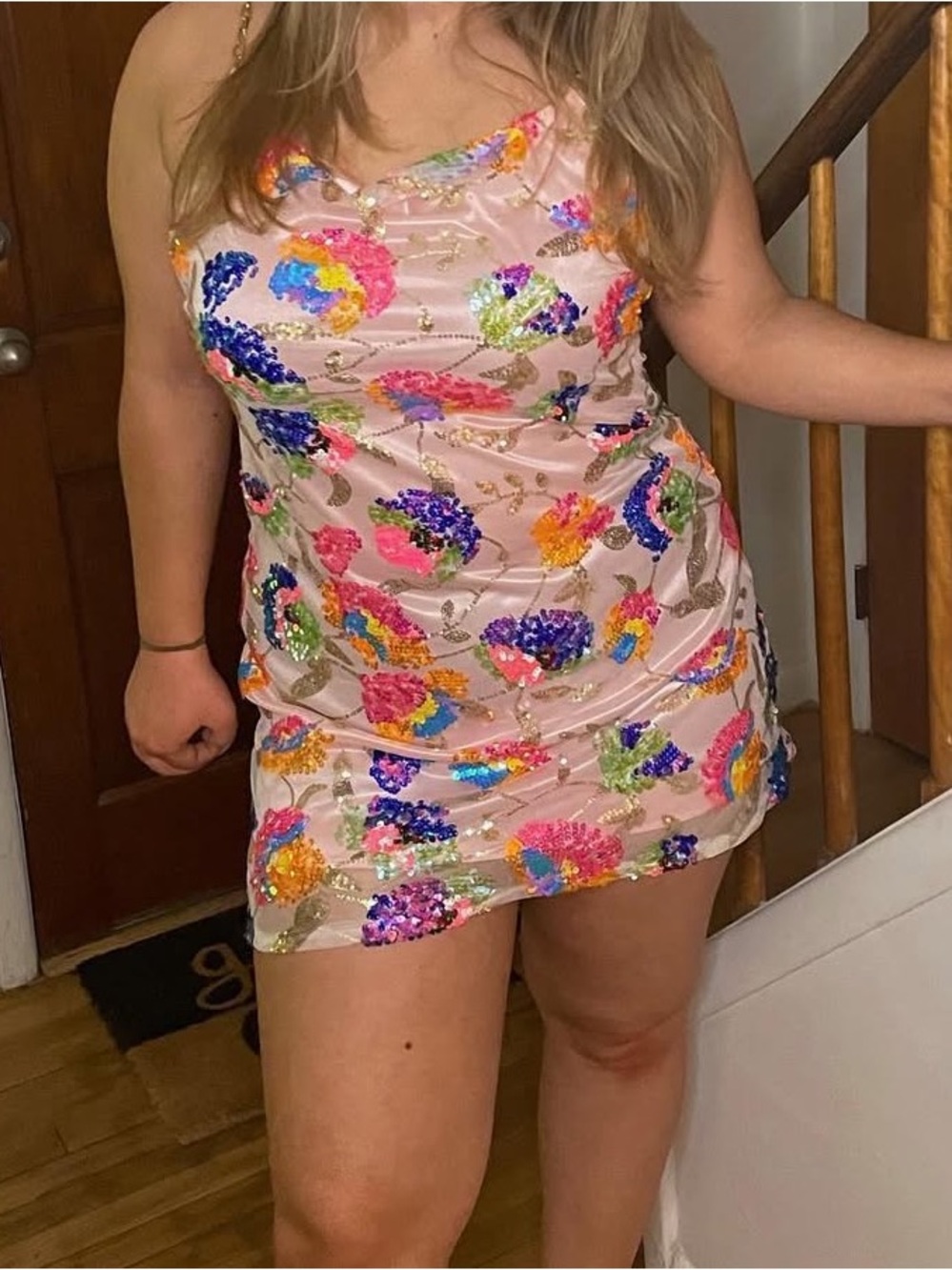 Sequin Floral Mini Dress in Light Pink